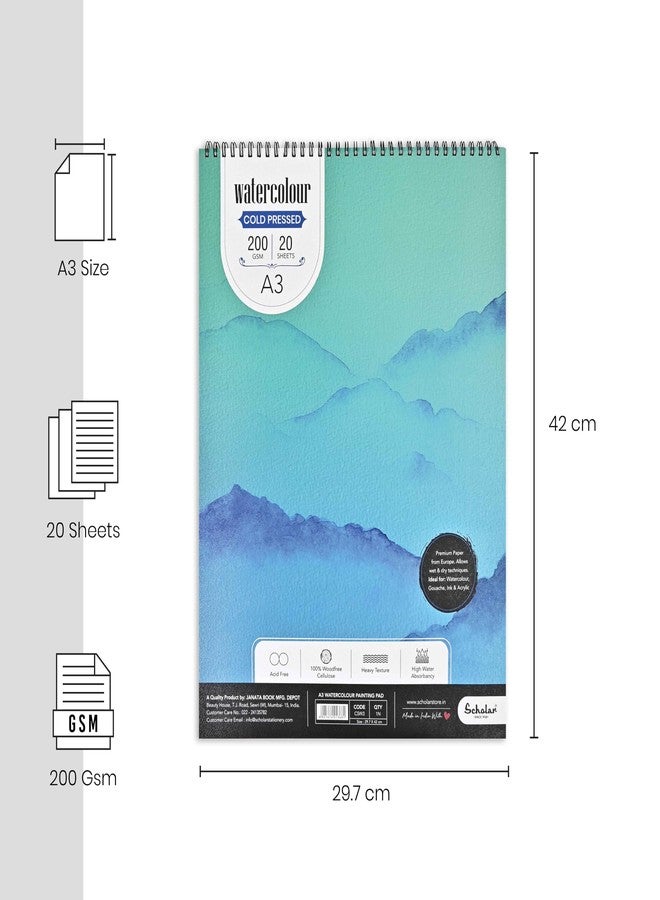 Scholar Watercolor Pad - 200 GSM Cold Pressed Special Watercolour Paper | Wire-O Bound Artist Pad for Watercolour, Ink, Washes & Mixed Media (A3) - Image 3